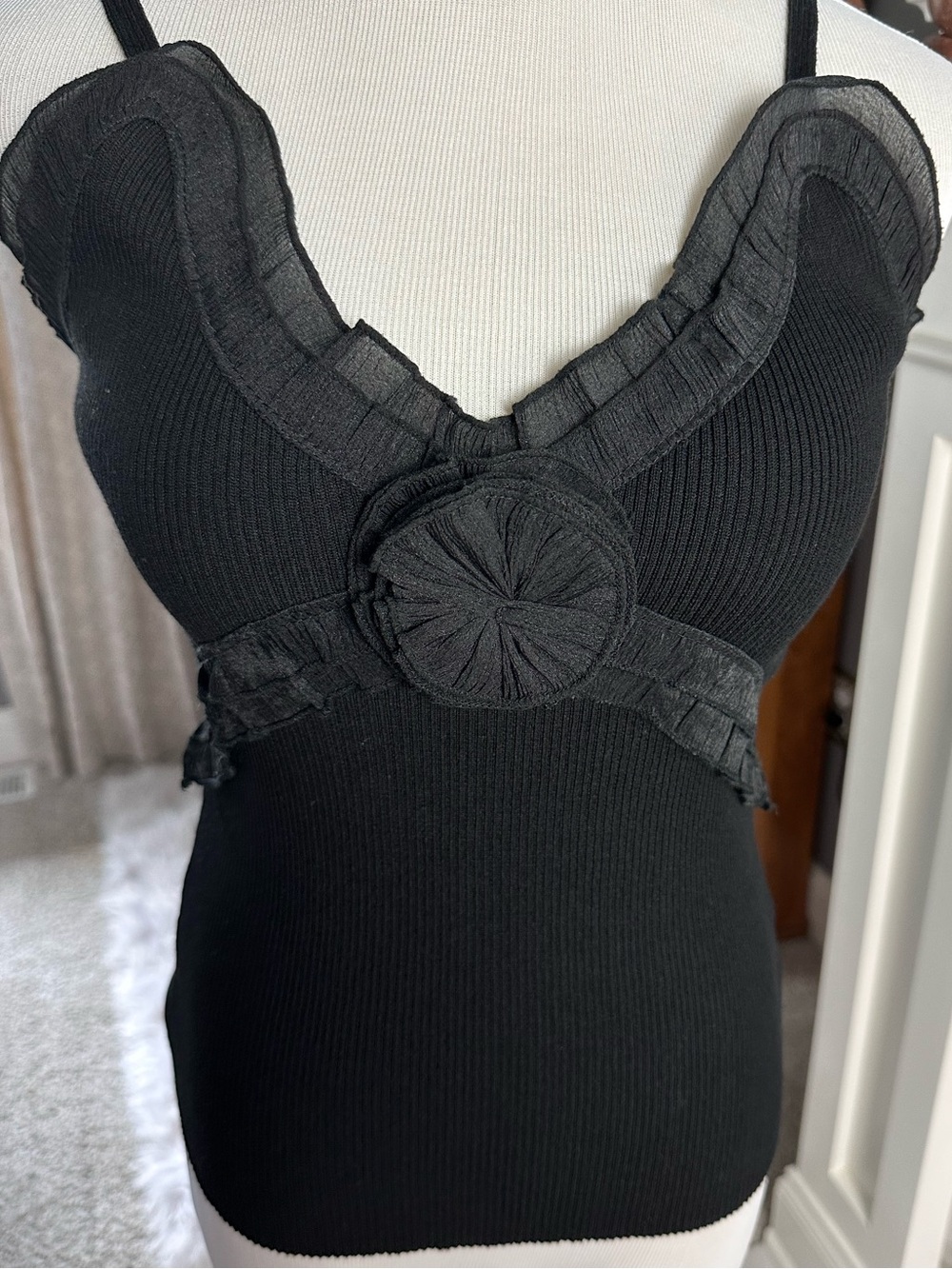 Easel Los Angeles Ribbed Cami Tank Top with Flower & Ruffles
